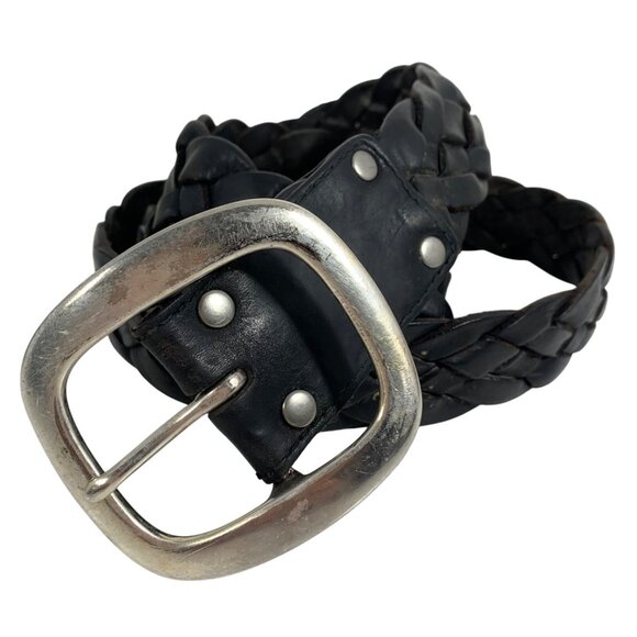 LUCKY BRAND Black Leather Braided Woven Belt Solid Brass Silver-Tone Buckle Mens - Picture 1 of 6
